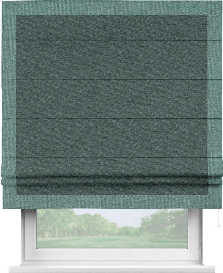 Римская штора «Кортин» с кантом Чесс, для проема, ткань стиф димаут сине-зелёный