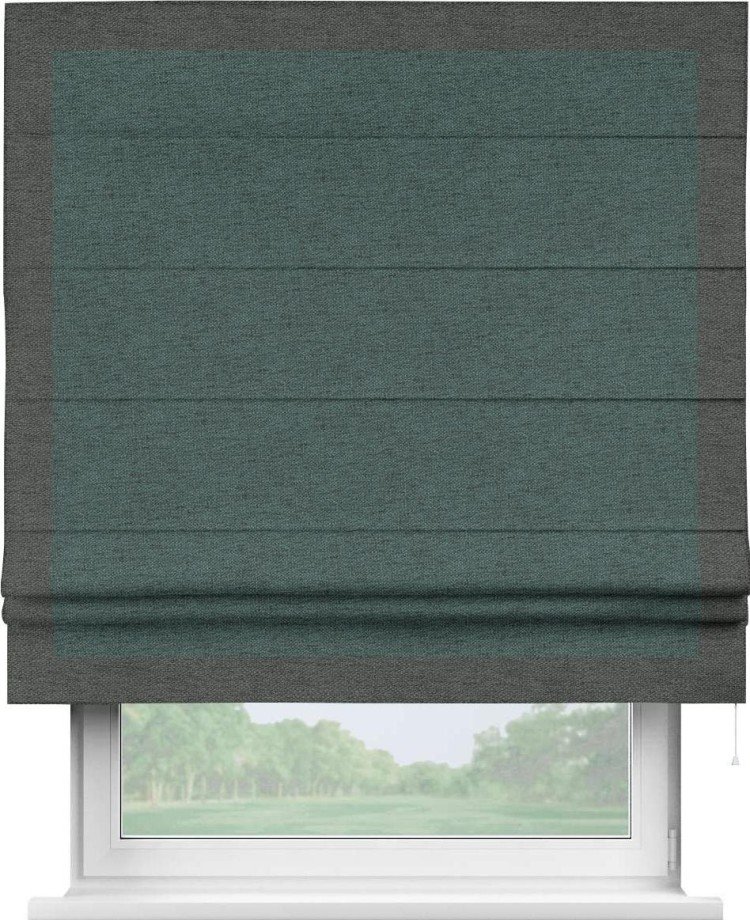 Римская штора «Кортин» с кантом Чесс, для проема, ткань стиф димаут сине-зелёный